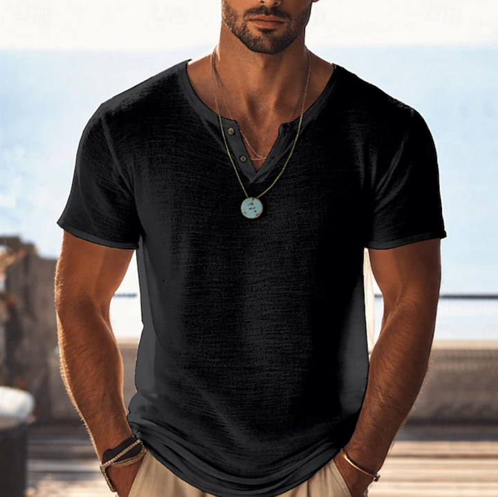 Men's summer Henley V-neck shirt with unique texture. Comfortable short sleeve tee for relaxed everyday wear.