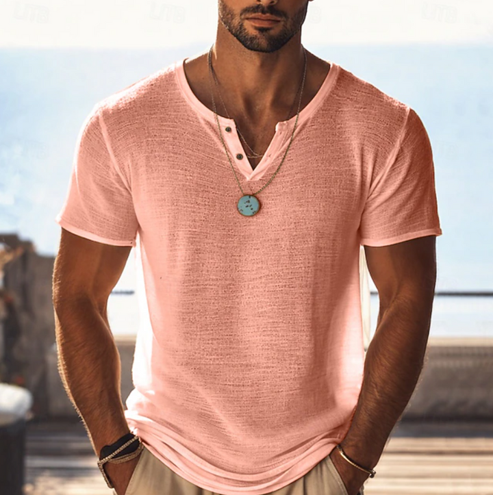 Relaxed fit men's textured Henley V-neck tee. Perfect short sleeve casual top for summer and warm weather comfort.