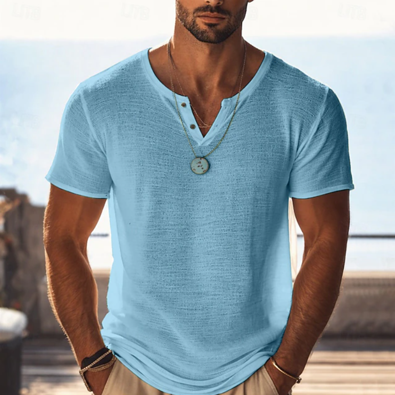 Men's short sleeve textured Henley V-neck t-shirt. Comfortable & versatile summer casual top for modern men.