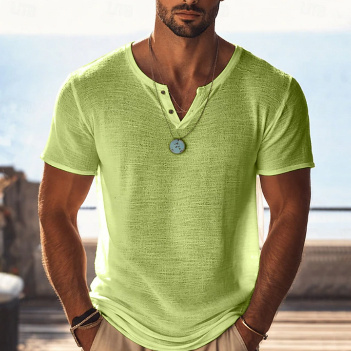 Everyday men's textured Henley V-neck t-shirt. Breathable short sleeve summer wear for ultimate comfort.
