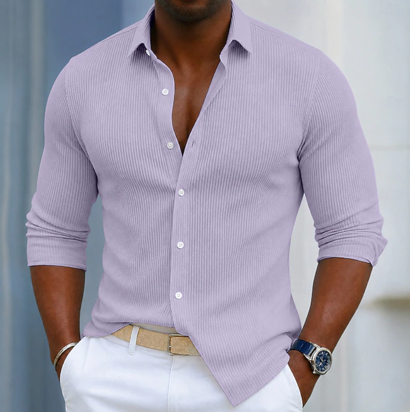 Modern men's slim fit textured wrap henley shirt. Versatile long sleeve top for casual & smart casual fashion.