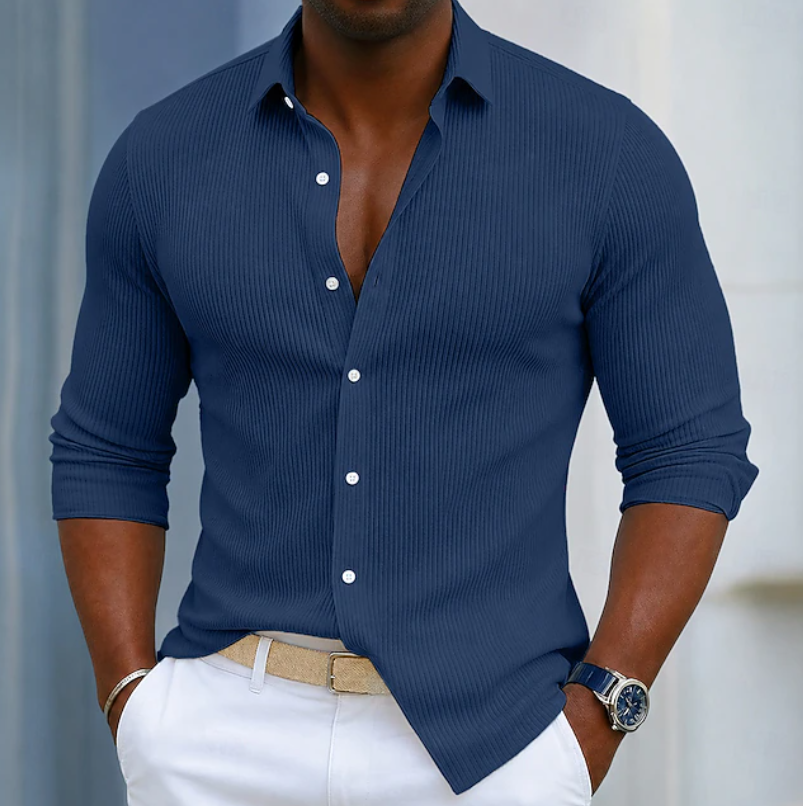 Men's smart casual textured henley wrap shirt. Slim fit long sleeve top, a versatile piece for modern men's fashion.
