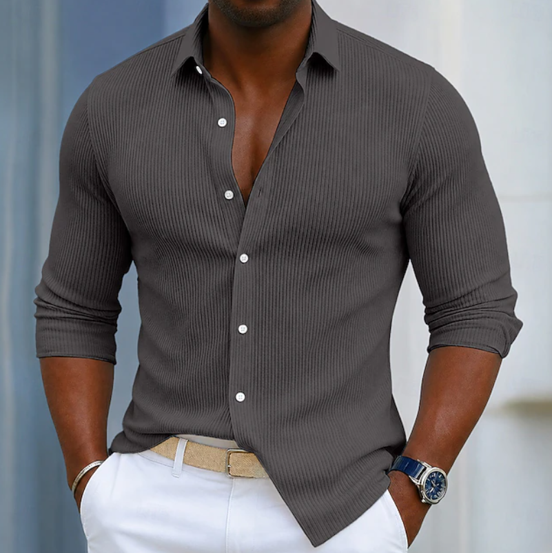 Men's modern slim fit textured long sleeve henley wrap shirt. A key piece for smart casual and versatile fashion.
