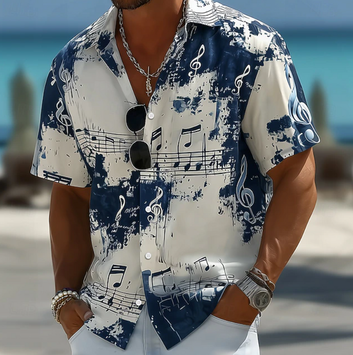 Casual men's black abstract print summer shirt. Relaxed fit, perfect short sleeve top for vacations & beach.