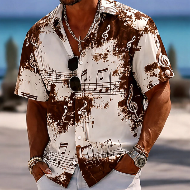 Stylish men's purple abstract splash print summer shirt. Relaxed fit, short sleeve, great for casual fashion.