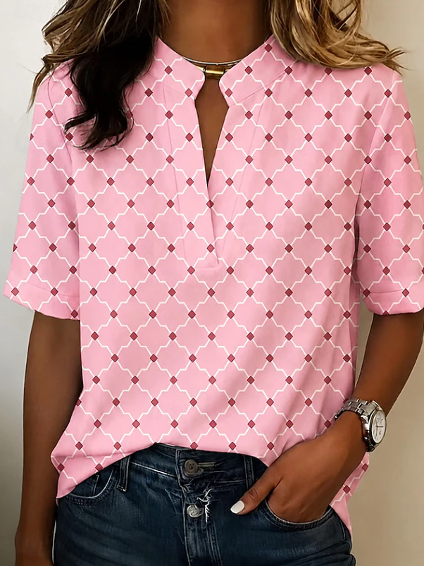Relaxed fit women's Mila geometric print Henley blouse, perfect for spring fashion & summer style.