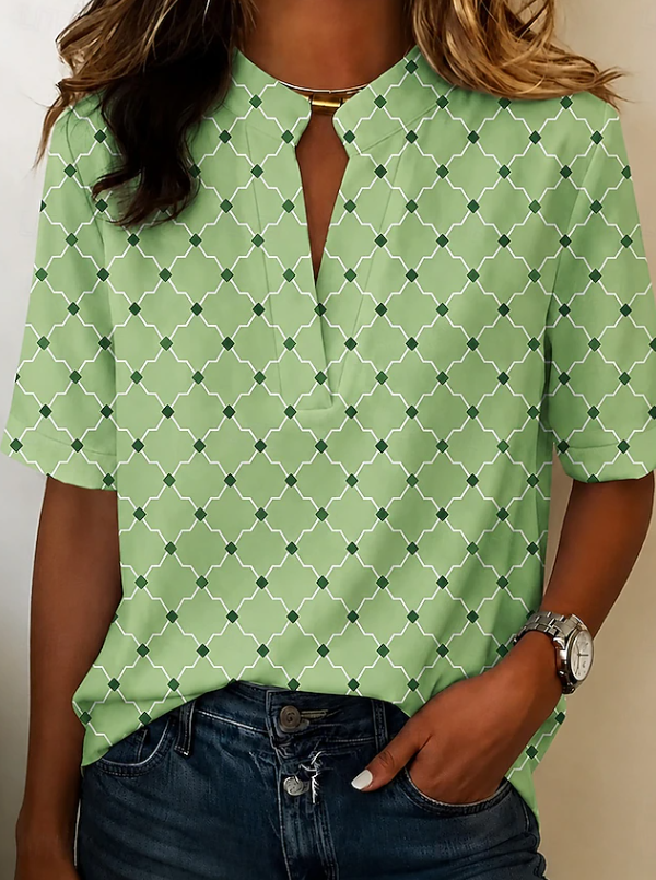 Women's Mila geometric print Henley blouse, a stylish & colorful top for casual everyday wear.
