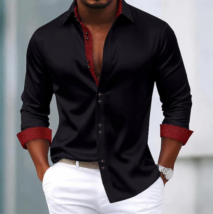 Men's wardrobe essential: a classic long sleeve collared shirt for refined everyday and versatile style.