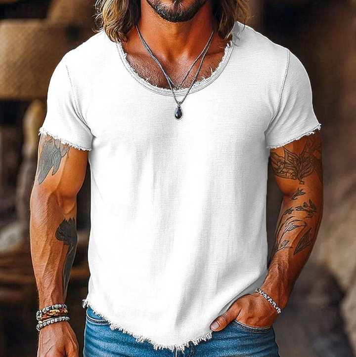 Slim fit men's crew neck shirt in a solid color, offering effortless style for summer fashion.