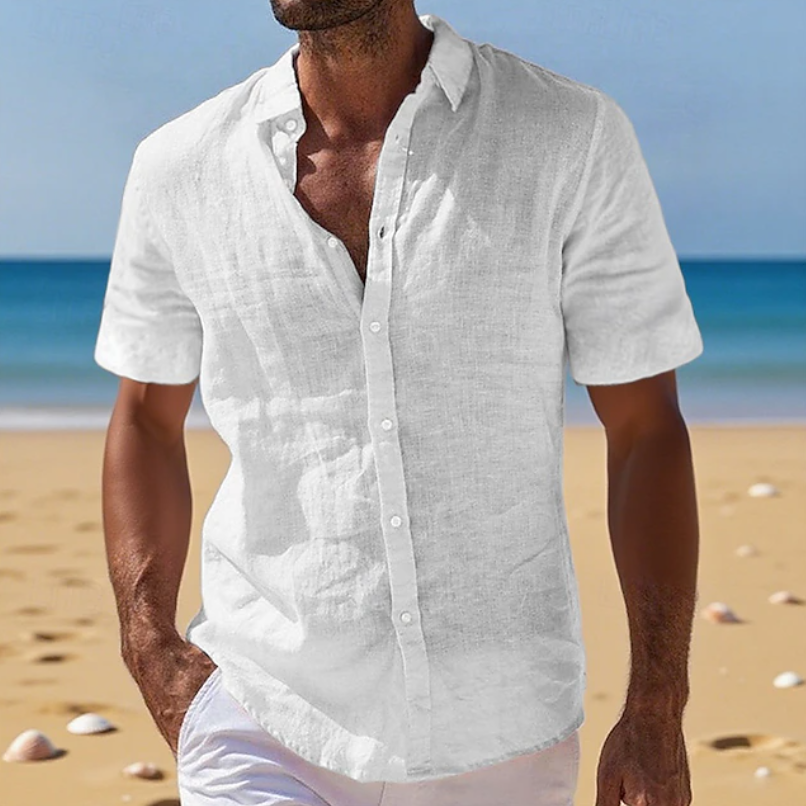 Versatile men's relaxed short sleeve shirt, great for summer casual wear, travel, or beach days.