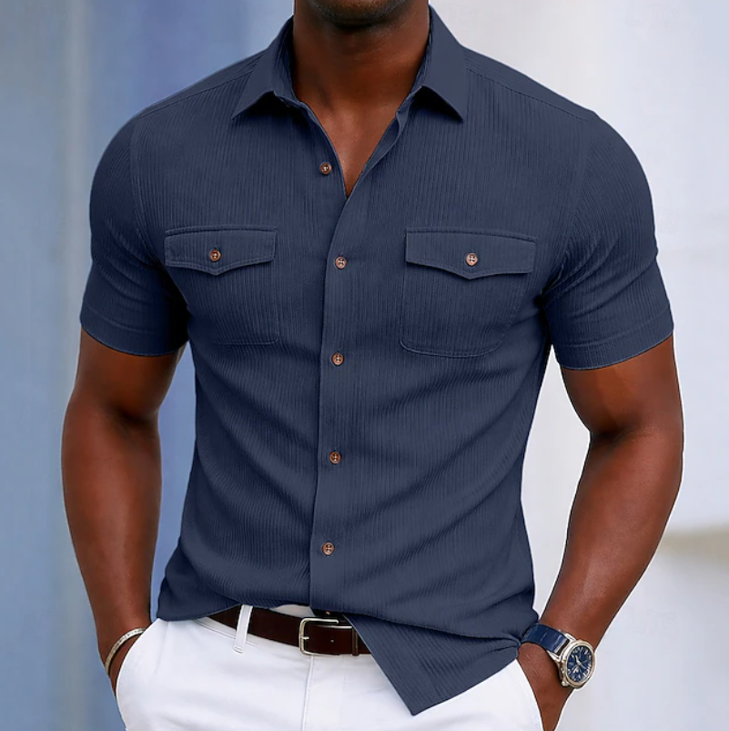 Men's versatile short sleeve button shirt. Slim fit and comfortable, perfect for casual everyday outfits & summer.