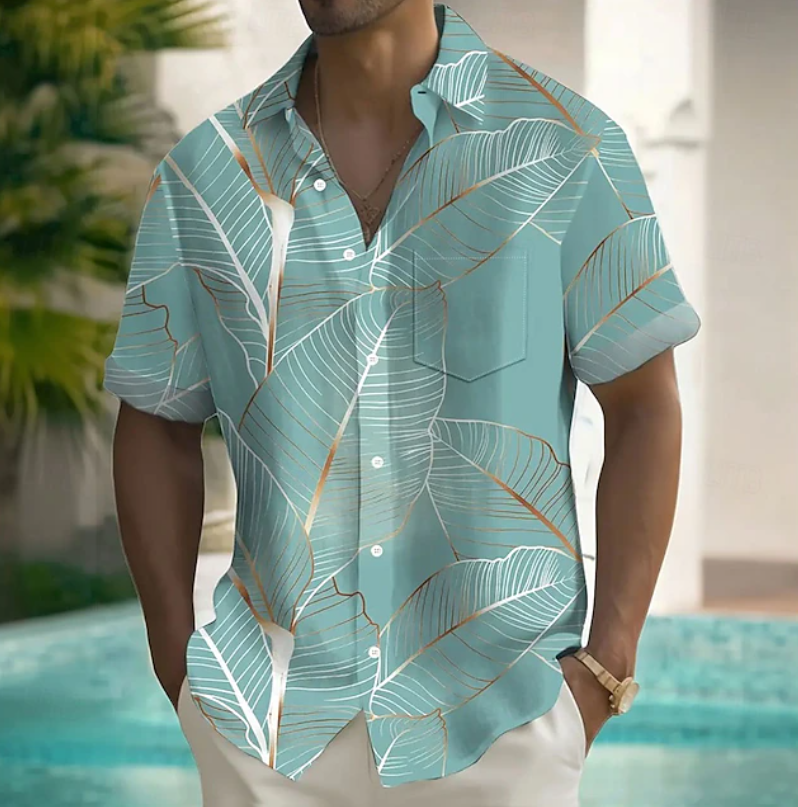 Trendy men's short-sleeve patterned shirt, a comfortable casual summer top for effortless warm-weather fashion.