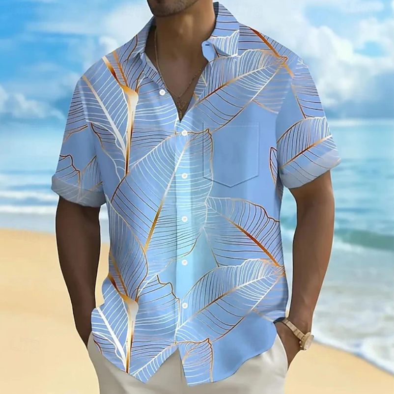Relaxed fit men's casual summer shirt with a vibrant pattern, perfect for holiday wear and stylish warm days.