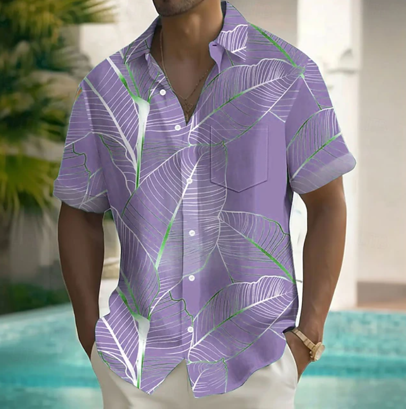 Stylish men's printed short-sleeve shirt, perfect for casual summer outings and relaxed holiday wear.