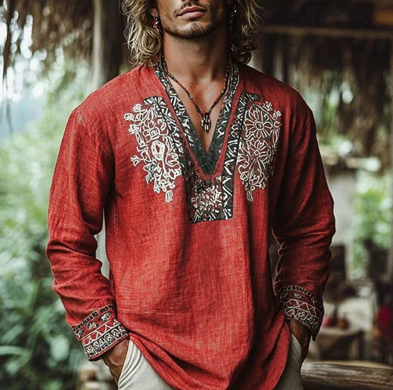 Relaxed fit men's collared resort shirt, beautifully embroidered for casual summer wear. Perfect for holidays & leisure.