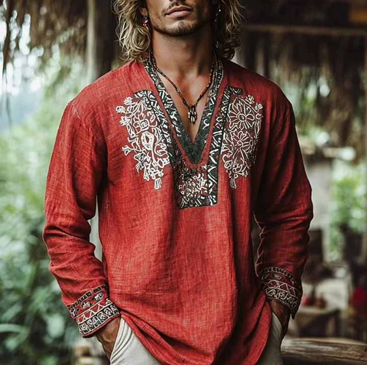 Relaxed fit men's collared resort shirt, beautifully embroidered for casual summer wear. Perfect for holidays & leisure.