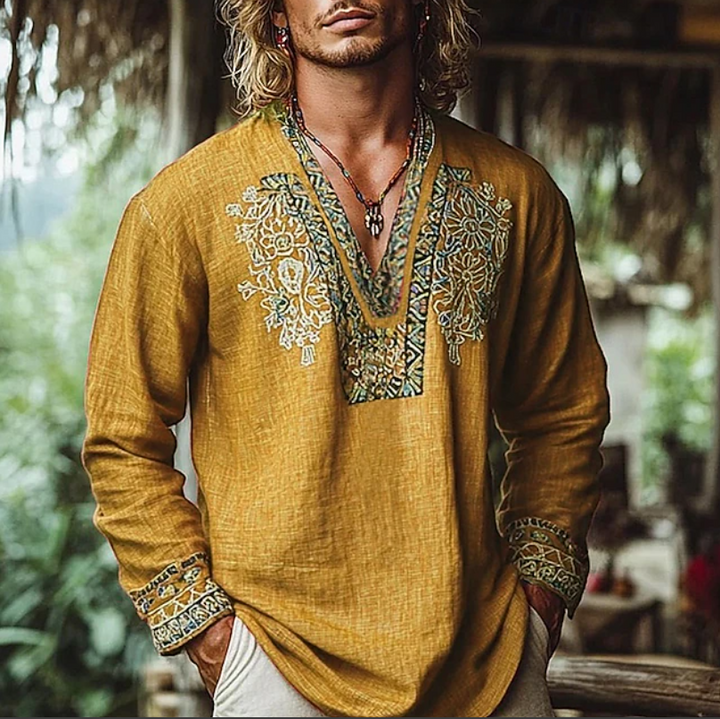 Casual men's embroidered short sleeve resort shirt. Stylish button-up for summer holidays, vacations & relaxed occasions.