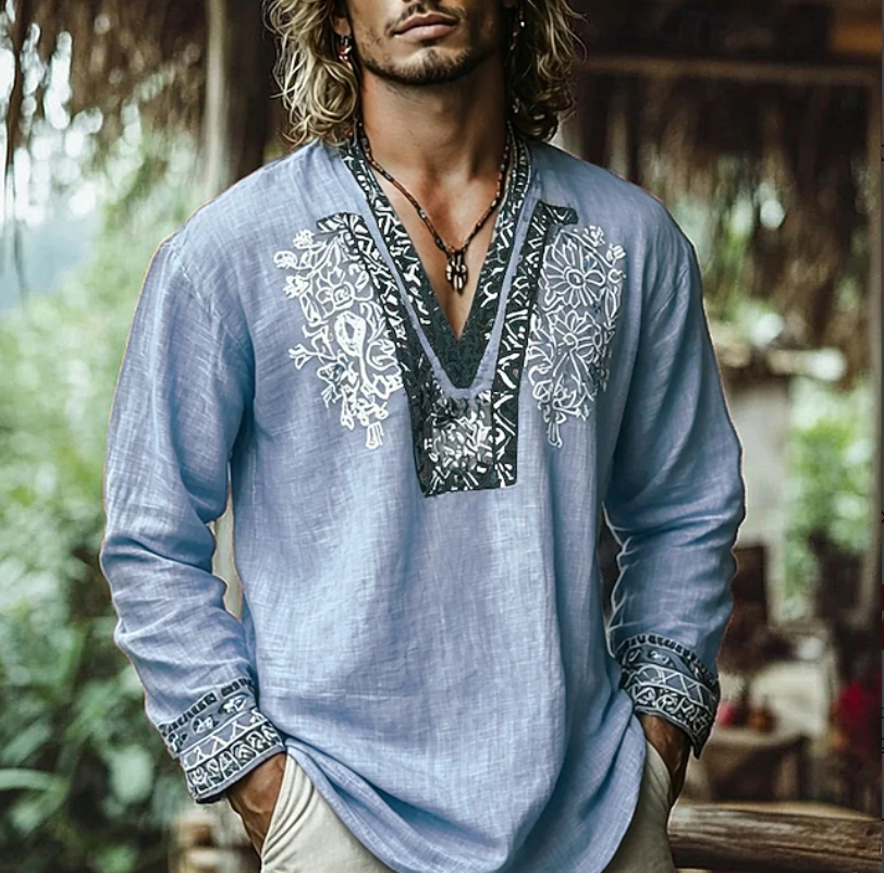 Stylish men's embroidered resort shirt with short sleeves. Ideal casual summer vacation button-up for a relaxed look.