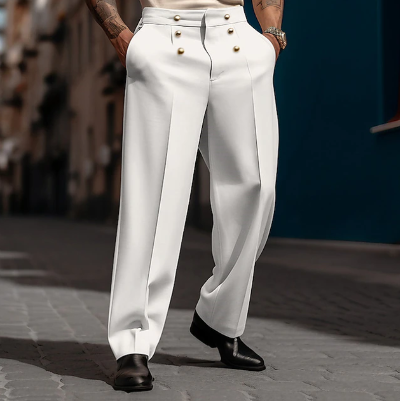 Elegant men's high-waist wide-leg tailored dress pants, offering a confident, sophisticated city fashion statement.