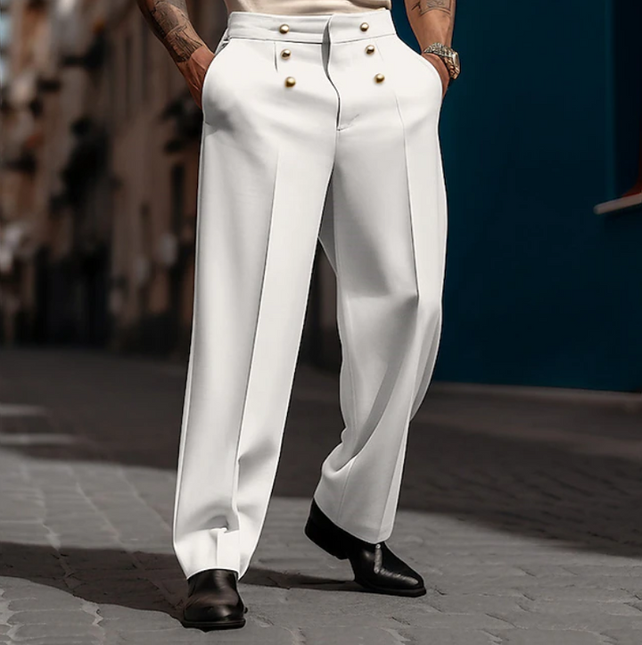 Elegant men's high-waist wide-leg tailored dress pants, offering a confident, sophisticated city fashion statement.