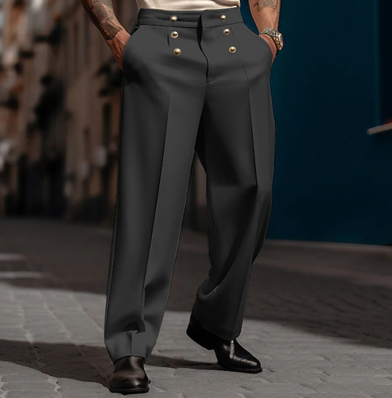 Men's high-waist tailored wide-leg trousers in a dark shade, perfect for a modern formal or business casual look.