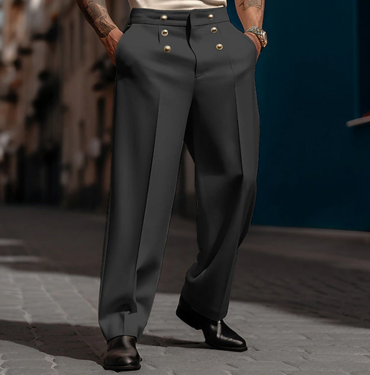 Men's high-waist tailored wide-leg trousers in a dark shade, perfect for a modern formal or business casual look.