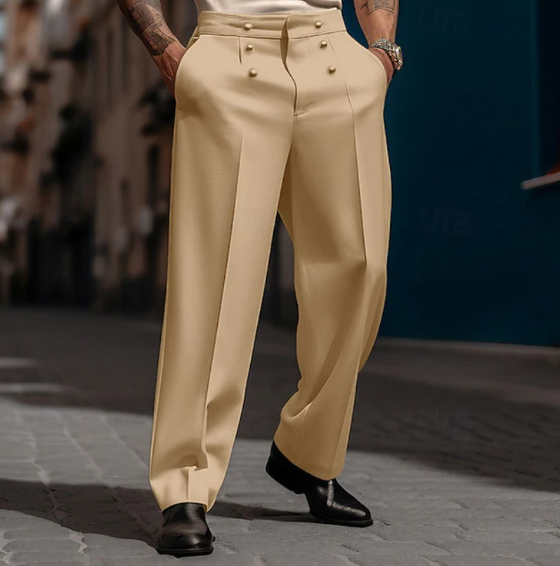 Stylish men's tailored wide-leg trousers with a high waist, ideal for formal wear or chic business casual outfits.