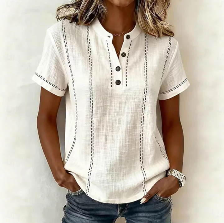 Casual women's textured henley shirt with short sleeves & button-front, an everyday comfortable top.