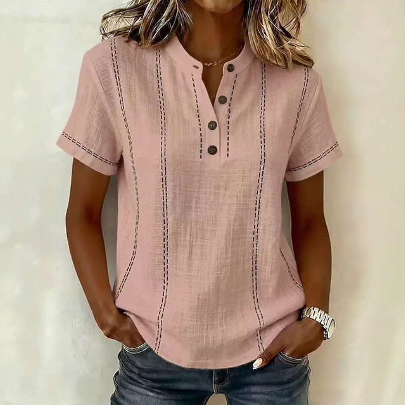Comfortable women's textured henley shirt, short sleeve, button-front, versatile for everyday casual style.