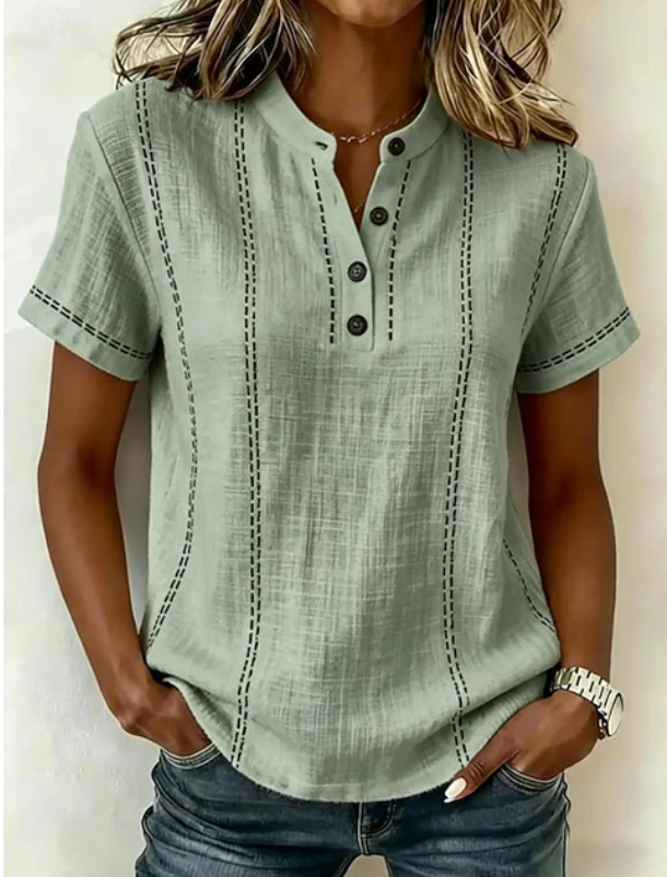 Women's textured short-sleeve henley top with button-front, perfect for casual everyday wear.