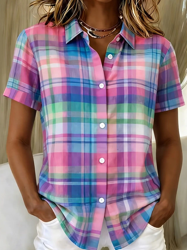 Man wearing comfortable boho stripe short sleeve button-up shirt, ideal for a stylish summer casual look.