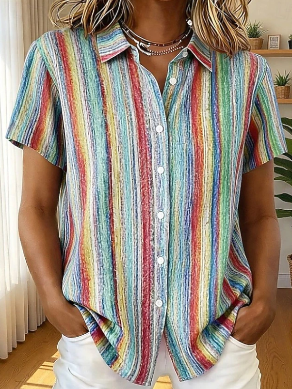Close-up of men's stylish boho stripe short sleeve shirt fabric, showing intricate pattern & texture.