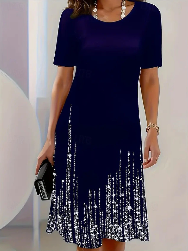 Graceful navy blue midi evening dress for women. Ideal for formal occasions & evening events.
