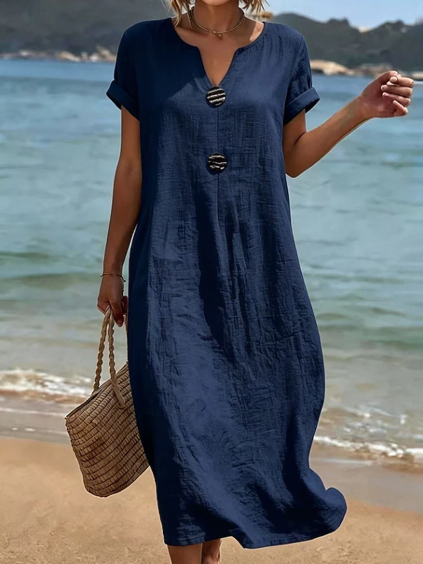 Versatile women's casual button maxi dress, great as a beach cover-up or elegant day wear. Summer essential.