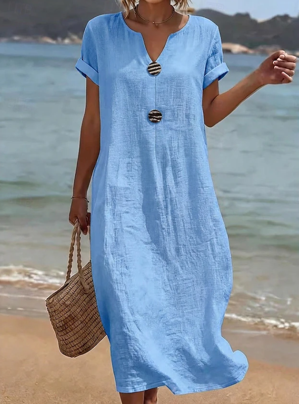 Women's casual button-front maxi dress, perfect for beach days & summer vacations. Flowy & lightweight.