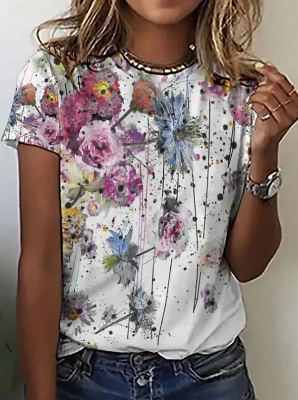 Versatile women's printed floral top, a comfortable everyday blouse with short sleeves for casual wear.