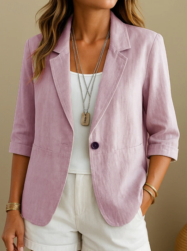 Elegant women's tailored blazer in versatile beige, perfect for professional office wear or smart casual everyday outfits.
