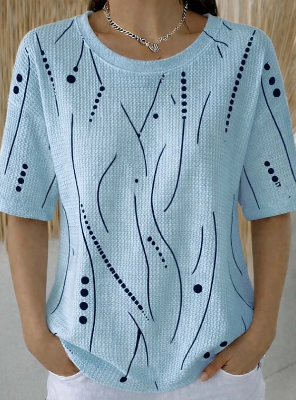 Stylish women's textured wave design short sleeve top. Relaxed fit casual blouse, perfect for summer everyday wear.