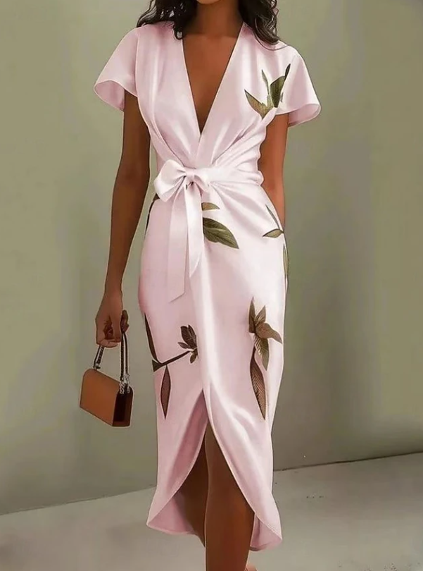 Elegant women's floral wrap midi dress, a stunning summer occasion wear. Flowy design, perfect for vacation.