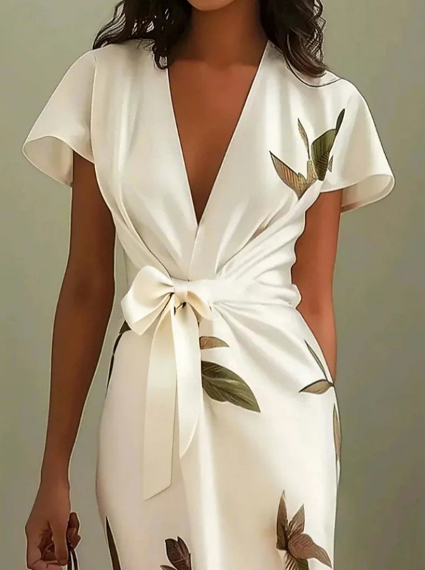 Women's elegant floral wrap midi dress, perfect for summer occasions & vacation. Flowy, feminine design.
