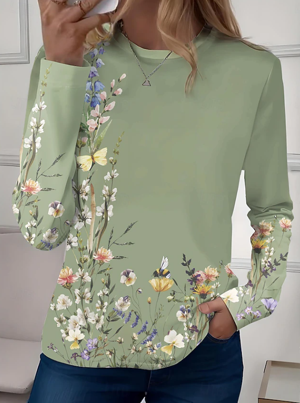 Women's casual long sleeve floral crew neck shirt. Relaxed fit blouse, perfect for comfortable everyday wear.