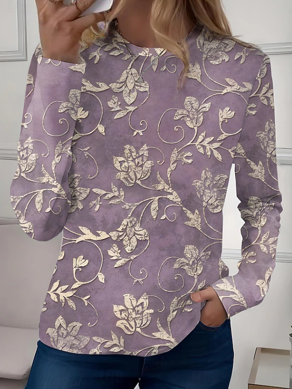Women's patterned long sleeve shirt, a casual crew neck floral blouse. Stylish and comfortable for daily wear.