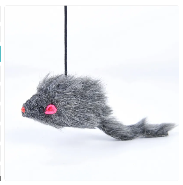 Feline enrichment toy: interactive cat toy with a string mouse for promoting active play and hunting instincts.