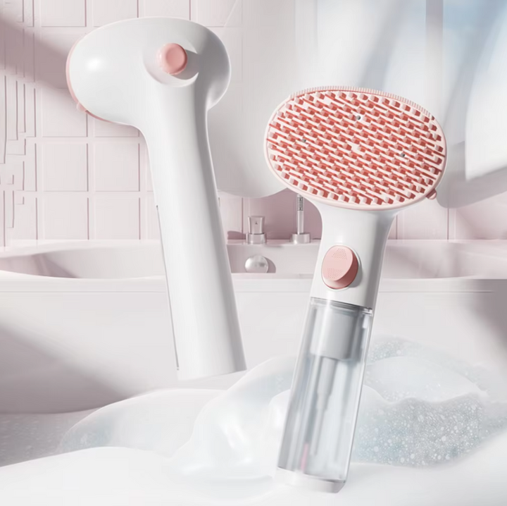 Innovative dry foam brush with cleaner dispenser for easy, waterless pet bathing. Great for dogs & cats.