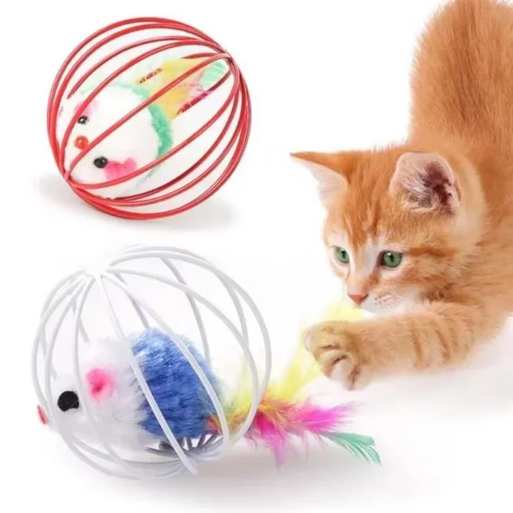 Safe & durable caged mouse cat toy with feather for interactive play, a true boredom buster.