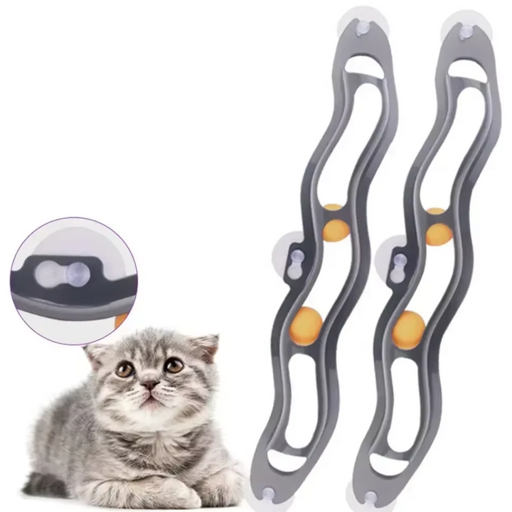 Suction cup window cat toy with track & movable balls; perfect for feline entertainment & enrichment.