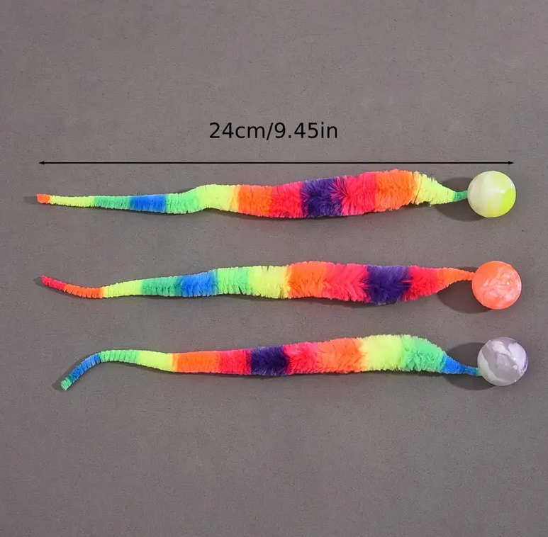 Durable interactive cat toy with a long plush tail & small ball for hours of feline fun.