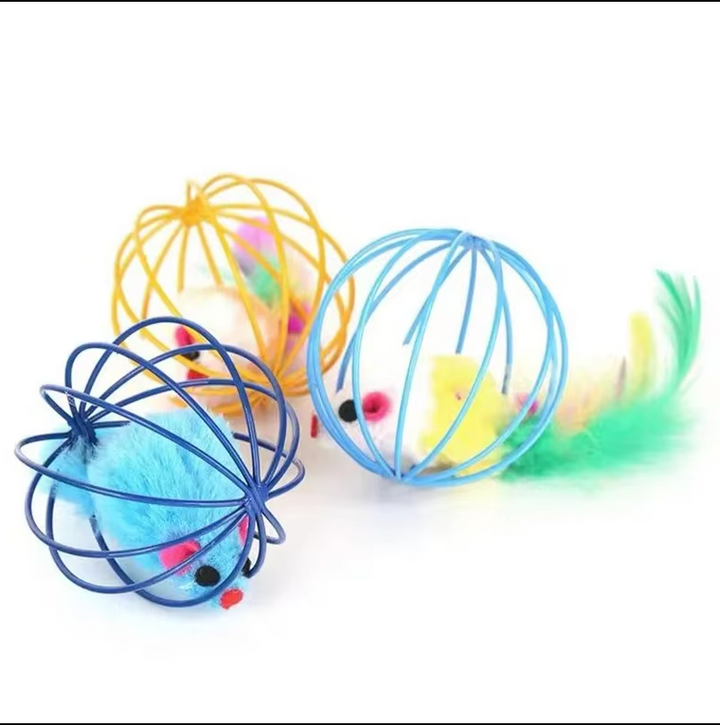 Watch your cat pounce on this interactive caged mouse toy with a realistic feather tail.