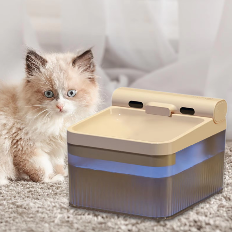 Quiet cat fountain with continuous running water & triple filtration system for clean drinking.