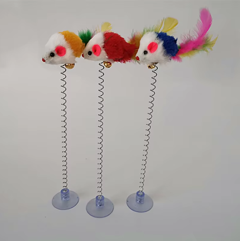 Cat toy featuring a lively spring-action mouse & secure suction cup. Perfect for interactive kitten play.